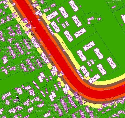 Buller sammanlagd Lmax (Beräknad maximal ljudnivå) Gul = 60 65, brun = 65 70, orange = 70 75, röd = 75 80 Enligt kartläggningen överskrids inte riktvärdena för trafikbuller inom planområdet, och