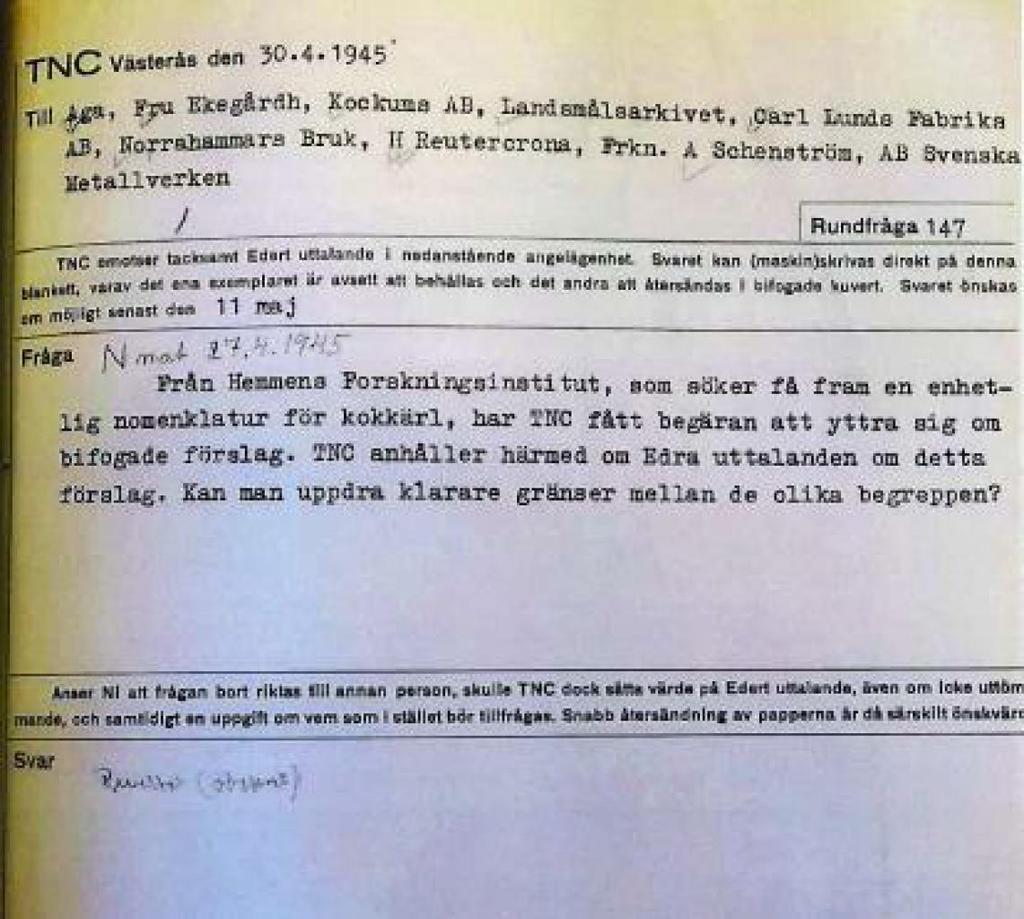 Hans Landqvist, Niina Nissilä & Nina Pilke 5 Rundfråga 147: nomenklatur för kokkärl I bild 1 visas den rundfråga som vi valt analysera närmare.