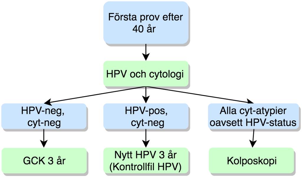 70 år Vid första screeningprovet efter 40 års ålder Cellprovet analyseras för både