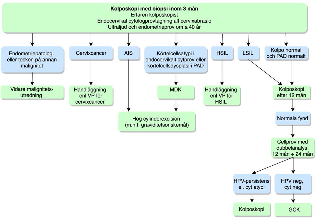 Rekommendation Kolposkopi inom 3 månader från indexprov oavsett HPV-status. Kolposkopin görs av en särskilt erfaren kolposkopist.