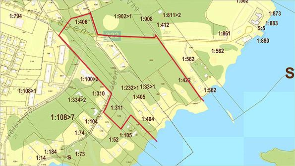 13SPN/0551 Sid 2(7) Figur 2. Orienteringskarta: Röd markering visar avgränsningen av utredningsområdet. Ägarna till fastigheterna Höl 1:172, 1:406, 1:311 och 312 ingår inte i ansökargruppen.