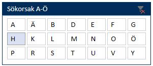 2. Sökning/filtrering på sökorsak Sökning/filtrering är placerad över listan i exceldokumentet. Sökning sker i alfabetiskt i tre steg. Sökresultatet visas i listan.