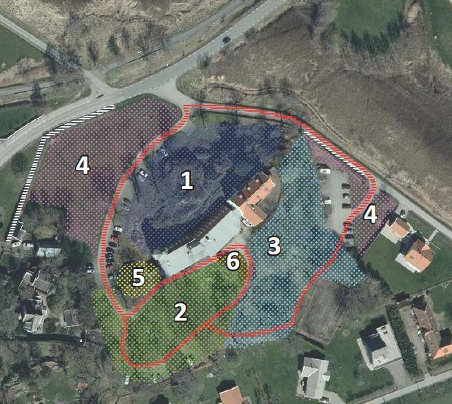 3:2 Inventeringsområde (fig. 1) har indelats i 6 zoner. Tomten har enligt kulturmiljöutredningen 5 sex schematiska karaktärsområden. Följande tematiskt åtskilda områden har använts: 1.