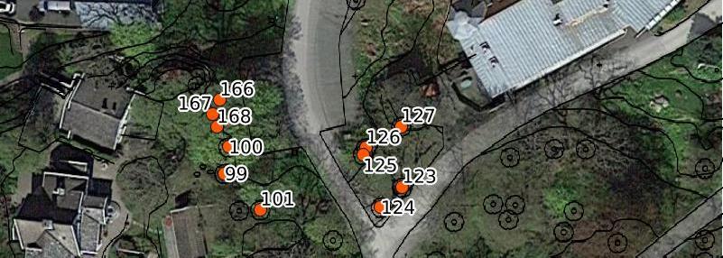 Figur 4: Träd som måste fällas pga. byggprojektet 4:3 Det finns 5 stora träd i zon 2 som kan ha rötter under den asfalterade vägen parallell till den nuvarande byggnaden (Träd nr. 118-122).