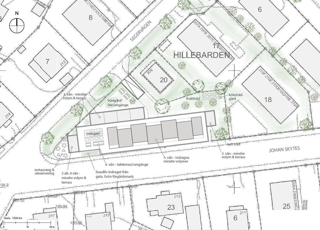 Sida 7 (9) Situationsplan, idé om placering av ny bebyggelse. Bild: Witte Arkitekter Volymskiss, föreslagen bebyggelse.