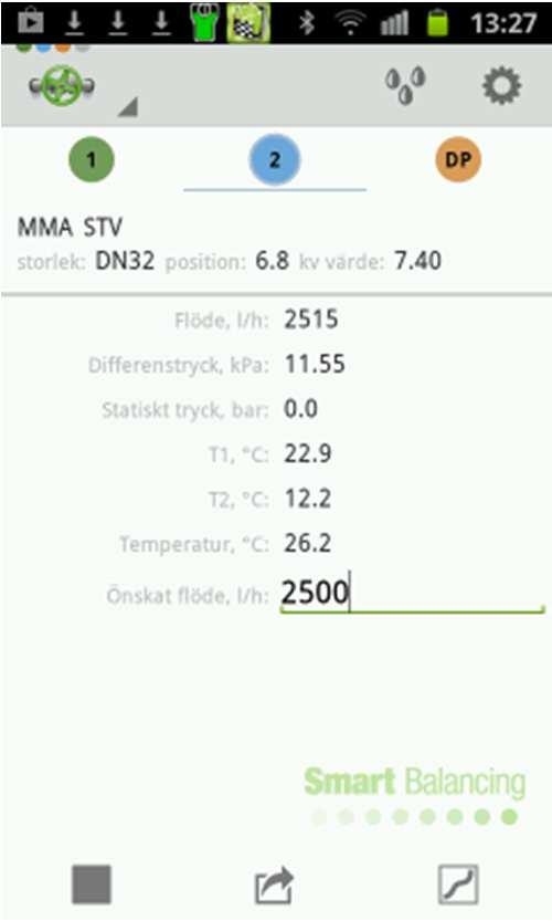 Justera vredet på Balanseringsventilen till den föreslagna positionen. Uppmätt DP samt flöde förändras. Peka på Önskat flöde igen och knappsatsen syns igen.