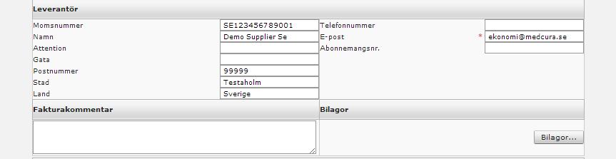 9 Sida 5 av 13 Leverantörsinformationen utgörs av: Momsnummer I detta fält skall ert momsredovisningsnummer finnas angivet. Namn I detta fält skall ert bolagsnamn finnas angivet.
