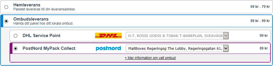 För att lägga till ytterligare leveransval för fraktcheckouten klicka Nytt leveransval ovan. och följ stegen för Klicka för att se hur det kommer att visas i webbutiken.