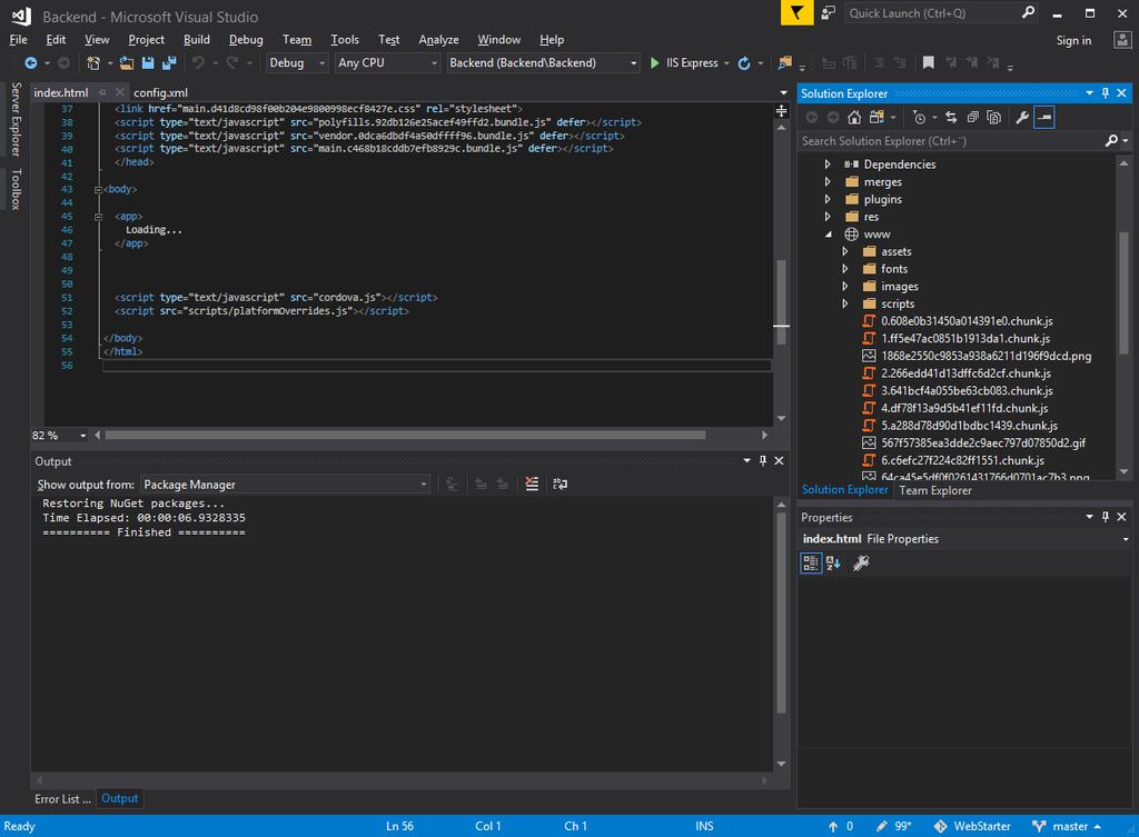 Figur 16 på Visual Studiomiljön för en Cordovaapplikation. [Skärmdump] 2.