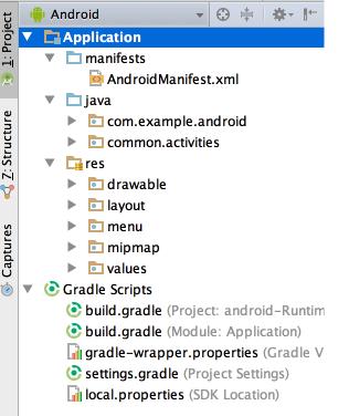 Figur 22 visar på strukturen för ett påbörjat Android Studio projekt.