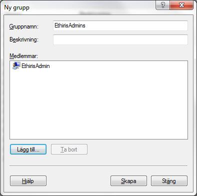 Uppgift 8, Säkerhet 12. Dialogen borde nu vara i stil med Figur 2.108. Klicka på knappen Skapa för att spara den nya gruppen. Figur 2.108 Dialog för att lägga till en ny grupp i Windows. 13.