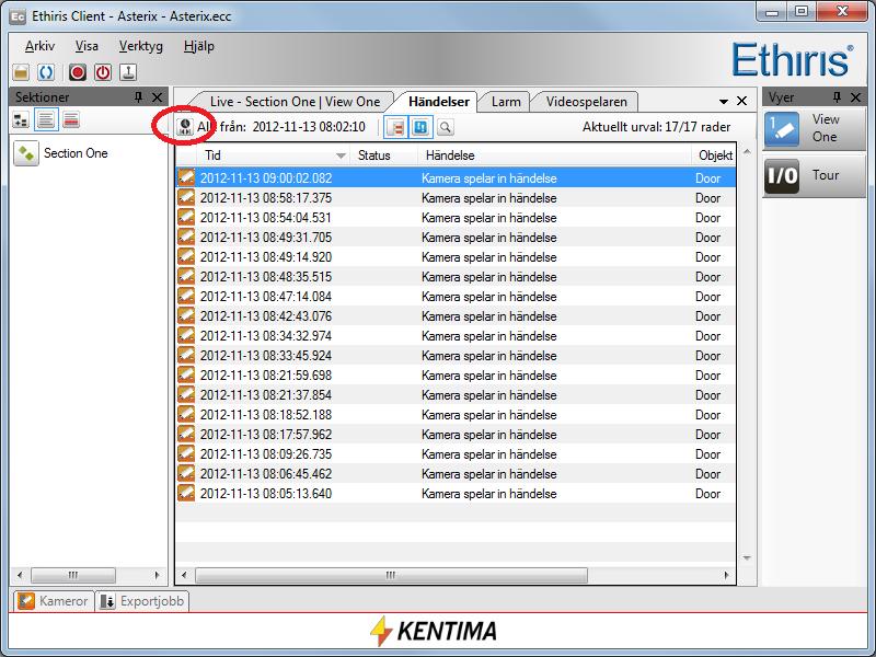 Uppgift 12, Exportera video 2.14 Uppgift 12, Exportera video I denna övning ska vi lära oss hur man exporterar inspelade bilder från Ethiris server till en AVI-fil eller till enskilda jpg-bilder.