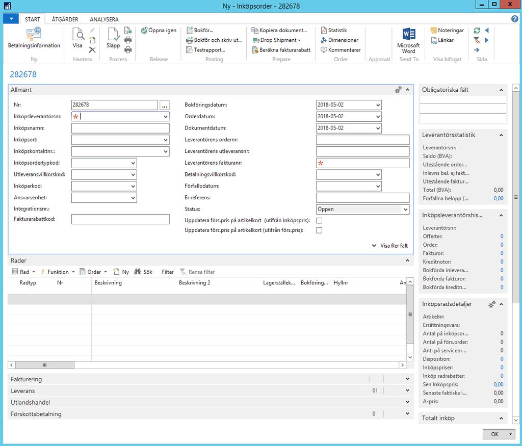 Inköpsorder reservdelar Inköpsorder finner man under Avdelningar Inköp Orderbearbetning Inköpsorder. Välj Ny under startfliken eller tryck Ctrl+N och tryck Enter så skapas ett nytt ordernummer.