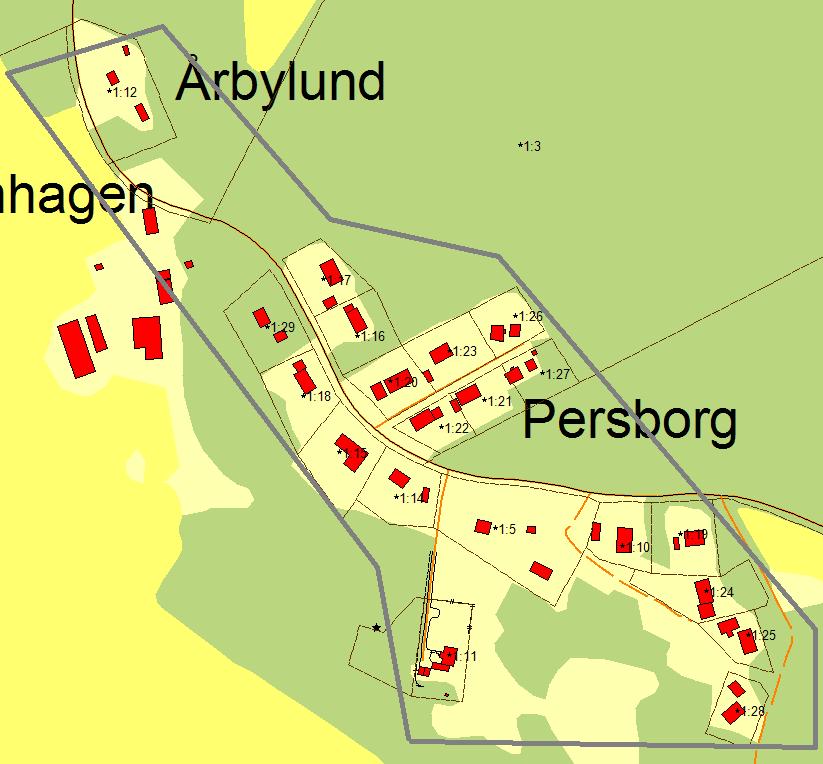 Persborg I VA-planen: Bevakningsområde Befintlig bebyggelse Planstatus Befintlig VA-försörjning Förutsättningar för enskild vattenförsörjning Förutsättningar för enskild avloppshantering Påverkan