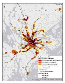 Figur 9: Prioriterade områden för bebyggelseutveckling i länet nära kollektivtrafik och fjärrvärme samt fjärrkyla För att nå målet om en region utan klimatpåverkande utsläpp 2045 är en huvudinsats