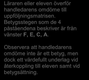 Observera att handledarens omdöme inte är ett betyg, men dock ett värdefullt underlag vid återkoppling till eleven samt vid betygsättning.
