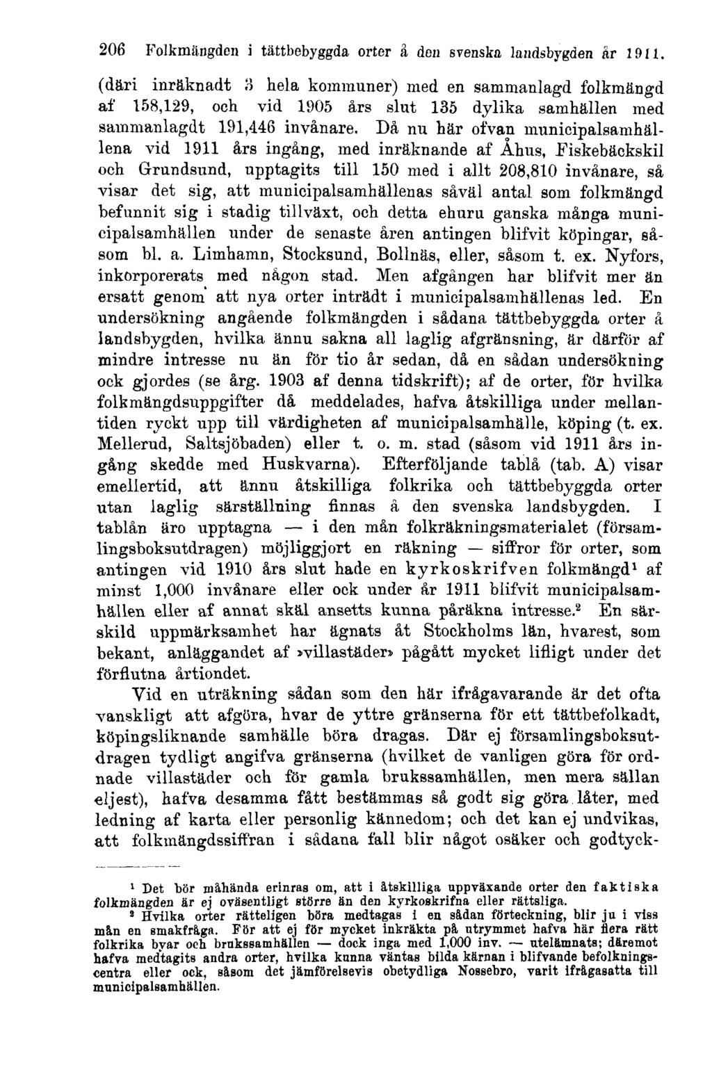 206 Folkmängden i tättbebyggda orter å den svenska landsbygden år 1911.