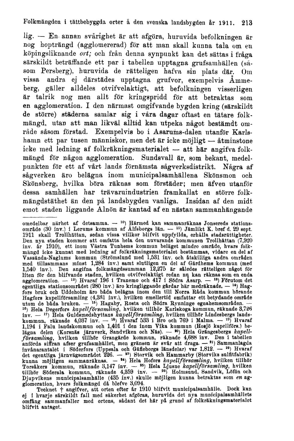 Folkmängden i tättbebyggda orter å den svenska landsbygden år 1911. 213 lig.
