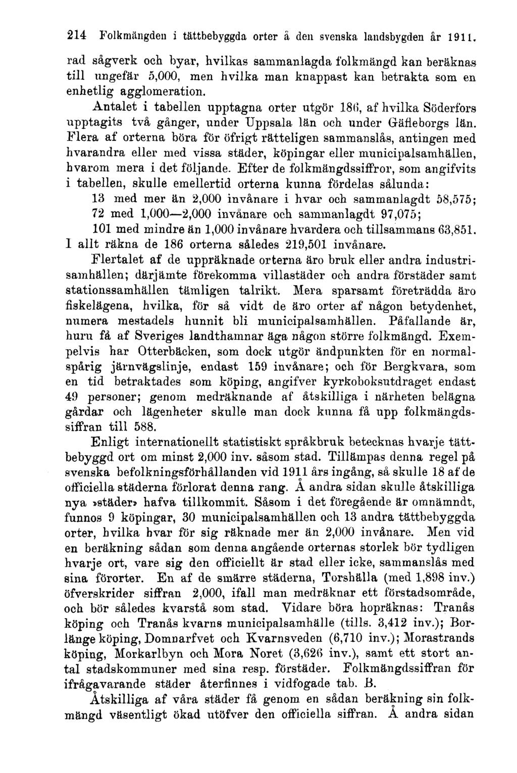214 Folkmängden i tättbebyggda orter å den svenska landsbygden år 1911.