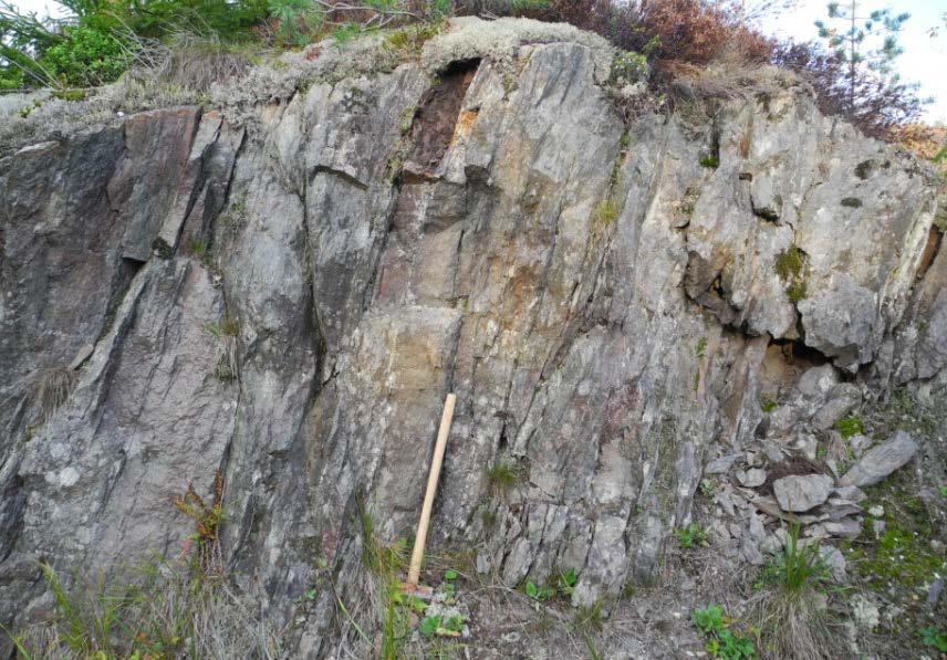 Figur 8. Lagring och belastningsmärken (load casts) i arenit av Närkesbergsformationen. Uppåt i bilden och stratigrafin är mot sydväst.