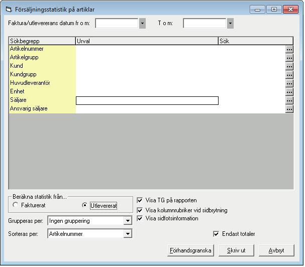 Det går att se total omsättning, omsättning per kund, omsättning per artikelgrupp, omsättning per kundgrupp och omsättning per huvudleverantör.