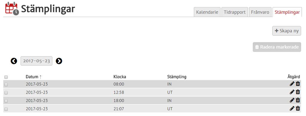 Tidregistrering Under Stämplingar kan du se, skapa och justera stämplingar. Utskrift av tidrapport motsvarande stämplingarna ovan.