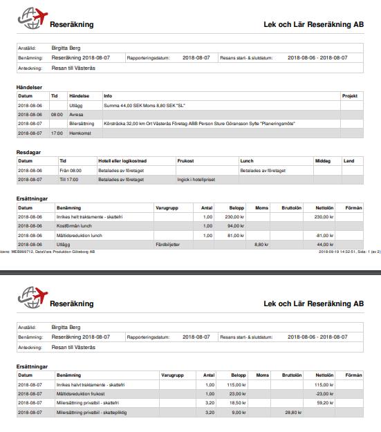 Reseräkning När du väljer utskriften förslår vi aktuell månad och den anställd som är markerad om man är administratör.
