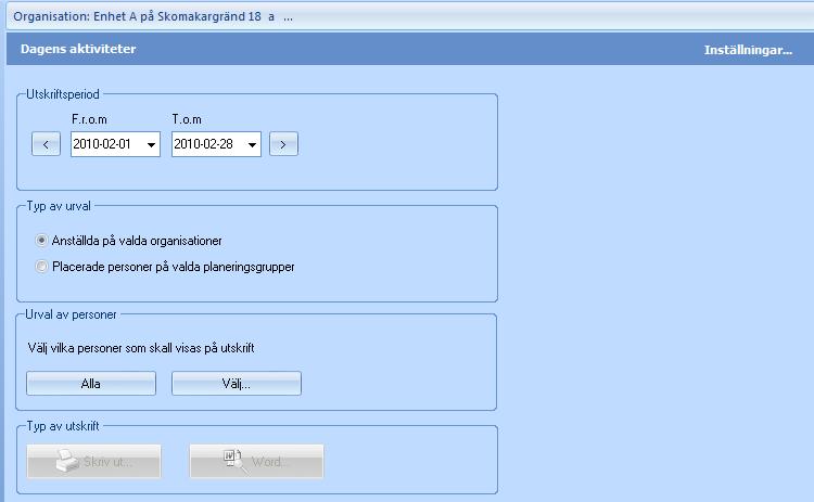 Dagens aktiviteter Denna rapport utgår från planeringen och uppdrag, där uppdrag motsvarar en brukare. Rapporten visar varje anställd persons aktiviteter/uppgifter för vald dag.