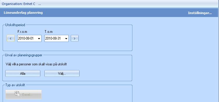 Löneunderlag planering. Denna rapport presenterar alla rapporterade tider (både närvaro och frånvaro) för en eller flera planeringsgrupper. Rapporten kan tas ut för valfri period.