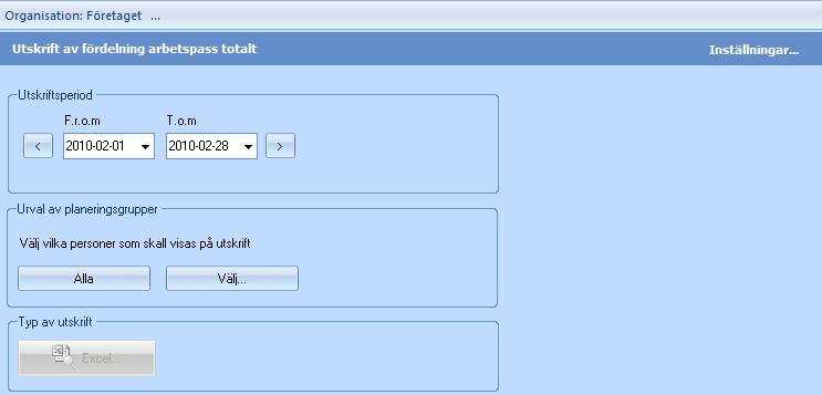 Utskrift av fördelning av arbetspass totalt Denna rapport visar arbetspassens fördelning per enhet och person.