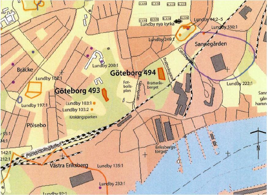 Arkeologi Fornminnen (orange) och fornminnesområden (lila ring) vid aktuellt planområde. Inom och nära planområdet finns områden där arkeologiska fyndigheter kan finnas.