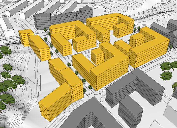 Bebyggelse tillåts i 5 våningar mot norr, 6 våningar mot Sätergatan, samt högre delar i 7 våningar i hörnen mot Danaplatsen och mot parken i nordöst.