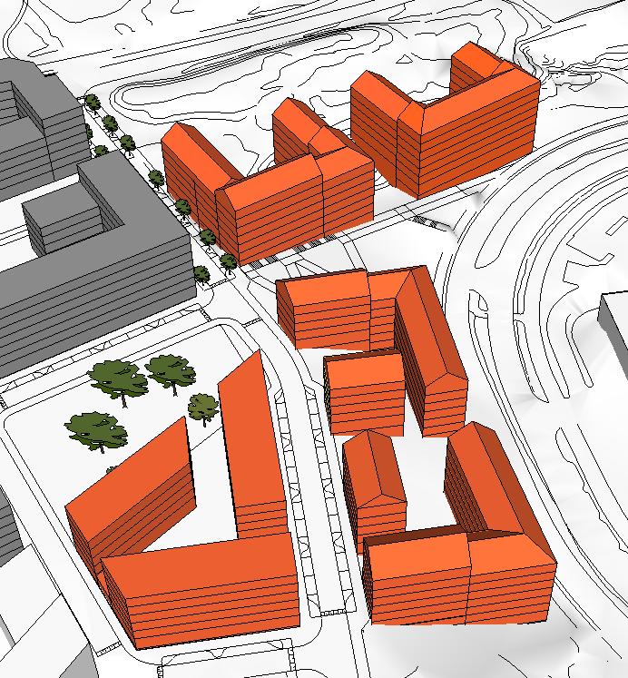 Delområde 4 (se karta sid 20) - Östra Eriksbergsgatan Celsiusgatan Utmed Östra Eriksbergsgatan föreslås byggnader i 7 våningar i souterräng med fasader ner till gatan och förhöjda gårdar i nivå med