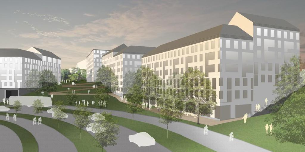 Illustration av byggnadsvolymer och blivande park vid Östra Eriksbergsgatan. Vy från Östra Eriksbergsgatan mot väster.