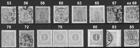 Vapentyp / Coat-of-arms 50 7-12 N1 Serie nytryck 1885, mycket fräsch och fin. F 5400 (Färgfoto) xx 1.100:- 51 8 9 öre violett. Lyx-stämplat Stockholm 7.3.1868. Lagat hörn samt ifylld stämpel.