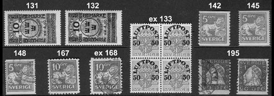 141 142Aa 5 öre brunröd, typ II. Medelgod centrering. o 300:- 142 142Abz 5 öre brunröd, typ II, vm KPV. Nära sned centrering.