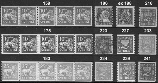 200 153-55 1921 Gustaf Vasa SET (3). 140 öre x, övriga xx. F 1775 xx/x 350:- 201 153cbz 1921 Gustaf Vasa 20 öre ljust violett med vm KPV, fräscht femstrip i medelgod centrering.