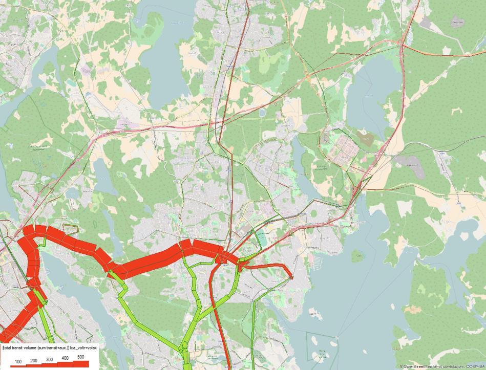 från andra trafikslag samt en överflyttning mellan linjer, vilket kan ses för de gröna länkarna som får ett minskat kollektivtrafikresande.