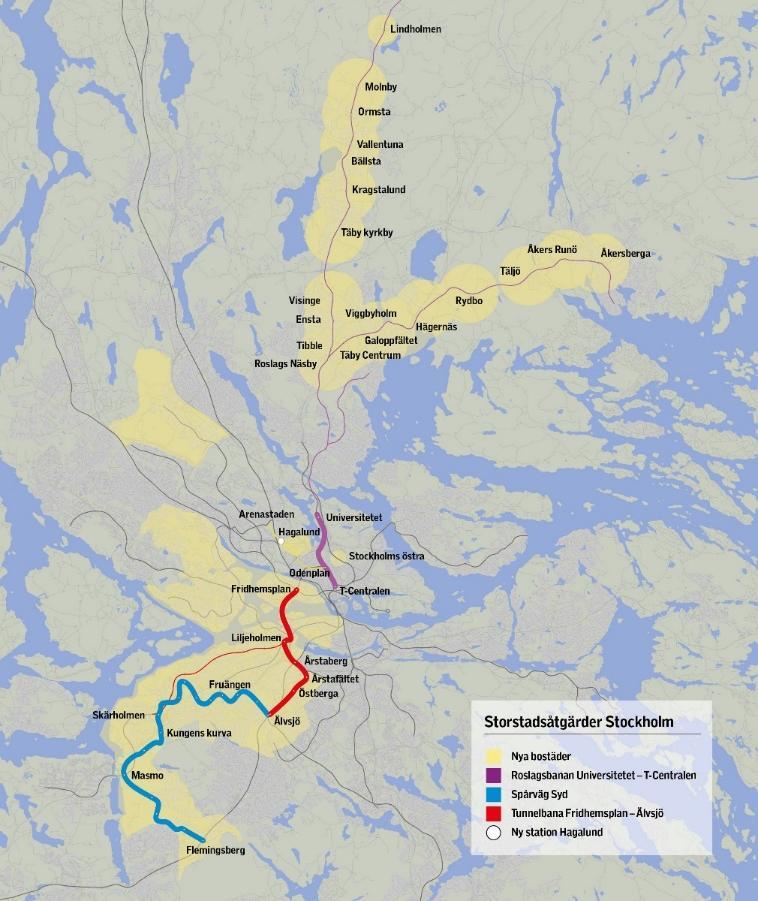 Sverigeförhandlingen Förhandlingsresultat april 2017 100 000 bostäder Kollektivtrafikutbyggnader 2026- ca 2035 Tunnelbana mellan Älvsjö och Fridhemsplan Spårväg Syd Roslagsbana till City