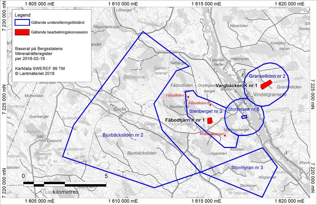 7 Figur 3.Läget av Fäbodtjärn, Vargbäcken samt andra av Botnia innehavda projekt i Vindelgranseleområdet.