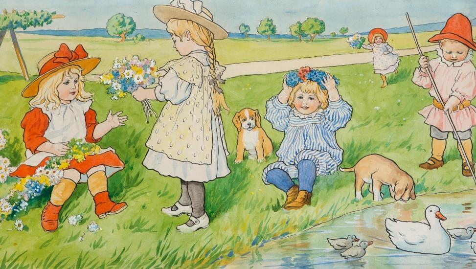 Jenny Nyström Illustratör och pionjär JENNY NYSTRÖM "MIDSOMMAR" 1930, AKVARELL, PRIVAT ÄGO.
