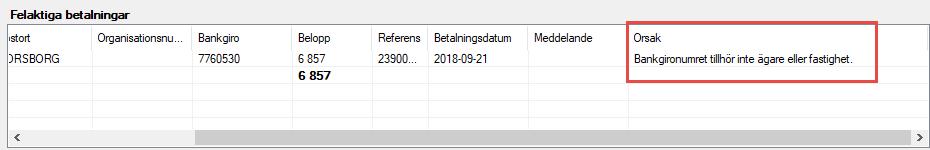 Om kontrollen visar att gironumret inte stämmer överens hamnar betalningen i listan över felaktiga betalningar.