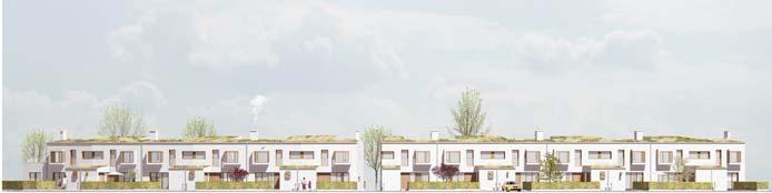 En grön zon skiljer husen från gatan genom förgårdsmark och trädgård.