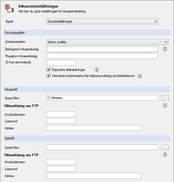 Det är under inställningar som du också ställer in var filerna, inkassofil och saldofil, som skapas ska hamna. En FTP kan ställas in så att de går direkt till inkassobolaget.