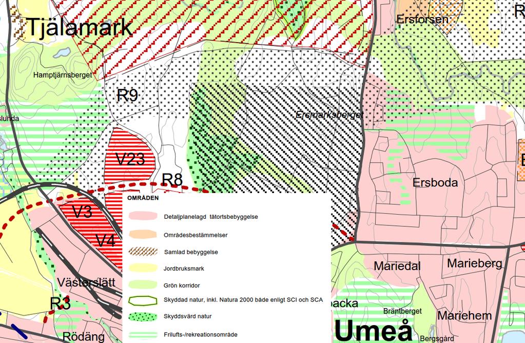 Figur 2. Figuren visar urklipp från Umeå kommuns översiktsplan från 2011 med utpekade friluftsområden mm. 4.3.