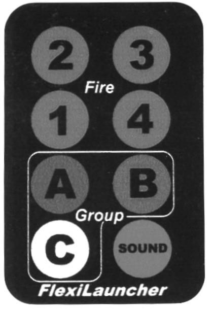 FlexiLauncher LT På fjärrkontrollen finns dels tre knappar för att välja kastargrupp A, B eller C (man kan ha upp till tre FlexiLauncher LT till samma fjärrkontroll), en knapp för varje kastarenhet