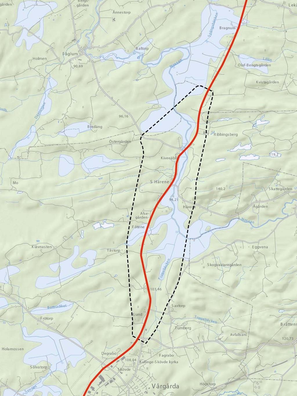 Där dalgången kring Nossan är som lägst och mest flack har under långa tider funnits ett sammanhängande sjösystem.