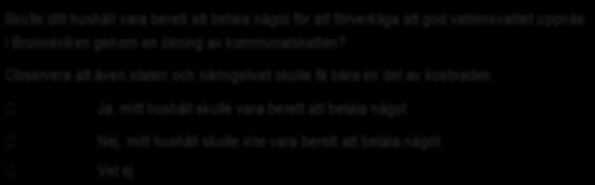 Värderingsscenario, fortsättning II Skulle ditt hushåll vara berett att betala något för att förverkliga att god vattenkvalitet uppnås i Brunnsviken genom en ökning av kommunalskatten?