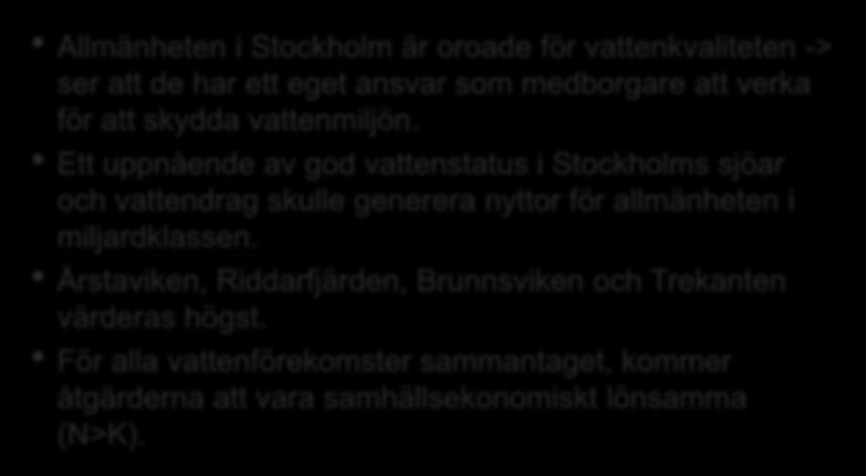 Slutsatser Allmänheten i Stockholm är oroade för vattenkvaliteten -> ser att de har ett eget ansvar som medborgare att verka för att skydda vattenmiljön.