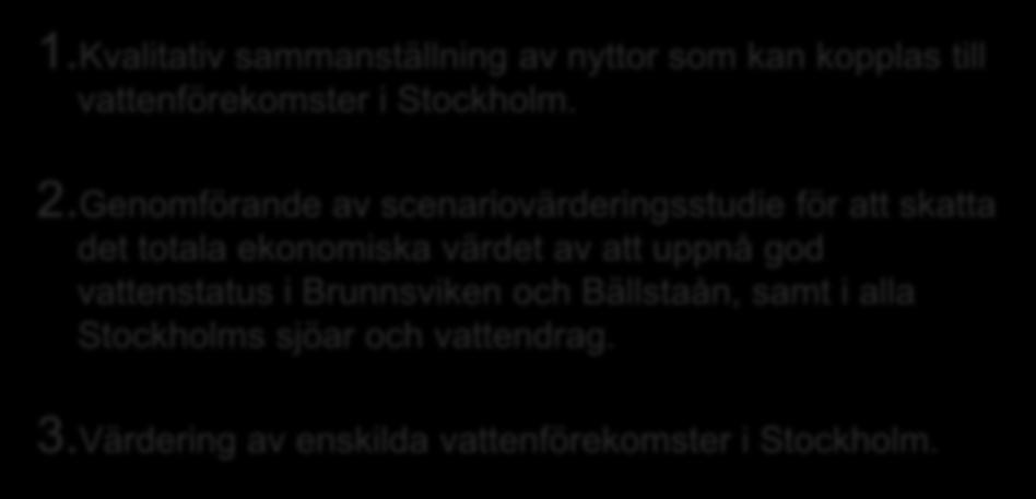 Tre delprojekt 1.Kvalitativ sammanställning av nyttor som kan kopplas till vattenförekomster i Stockholm. 2.